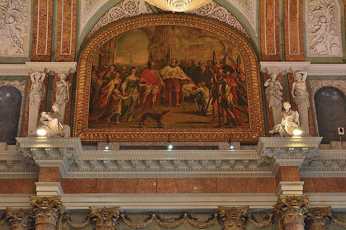 Dettaglio delle statue in stucco e dei rilievi nella Sala del Maggior Consiglio del Palazzo Ducale di Genova